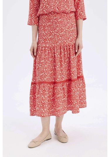 DeFacto Regular Fit Çiçek Desenli Esnek Belli Kiloş Midi Etek E5958AX25SPRD87