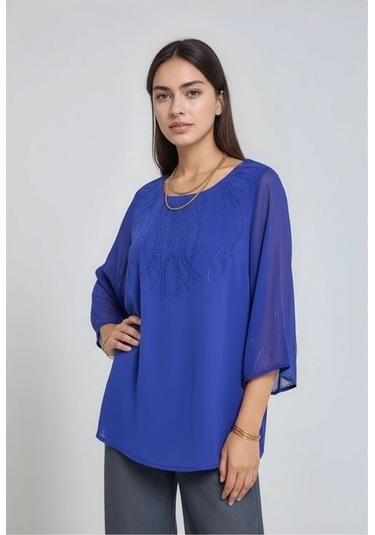 Kadın Asimetrik Kesim Şifon Curve Büyük Beden Viskon Spor Şık Bluz Saks