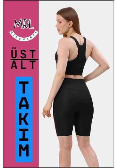 Kadın Siyah Takım Alt-üst Kısa Şort-tayt Ve Pedli Sporcu Büstiyer 2li Set Gül Kurusu Biyeli Elt3043 Siyah Gül