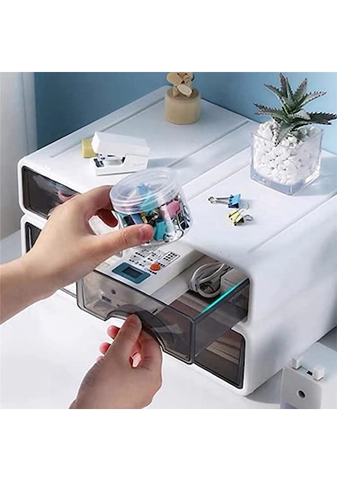 Anjiexun Masaüstü Saklama Kutusu Kırtasiye Çekmecesi Kozmetik Kutusu Çeşitli Raf Beyaz