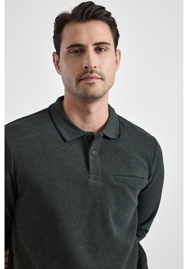 Süvari Haki Regular Düz Fermuarlı Polo Yaka Sweatshirt Sw2013700011-yh1