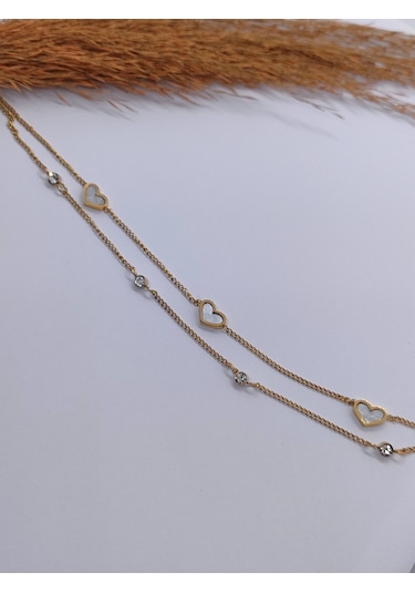 Sapphire Store Gold Renk Kalpli ve Taş Detaylı 2'li Halhal 316L Gold