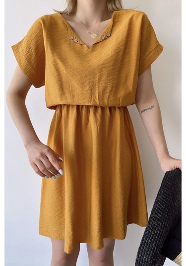 Kadın Hardal Kısa Kol, Kalp Yaka, Dokulu Desen, Bele Oturan, Aerobin Lastikli Bel Midi Elbise Hardal