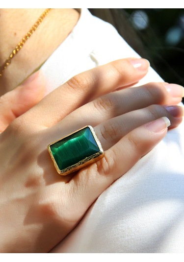 Kedi Gözü Cam Kadın Ayarlanabilir Altın Kaplama Yüzük Koyu Yeşil Euy69ky Yeşil