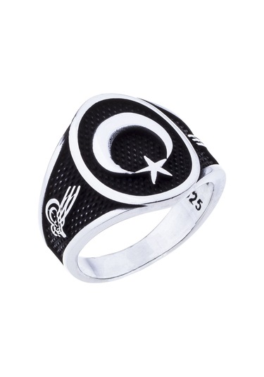 925 Ayar Gümüş Ay Yıldız Tuğra Detaylı Yüzük