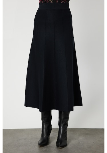 On Kadın Pileli Midi Triko Etek 65210 Siyah Siyah