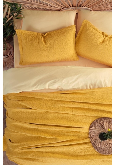 İyi Geceler İstanbul Zen Stone Hardal Çift Kişilik %100 Pamuk Yatak Örtüsü Seti Hardal