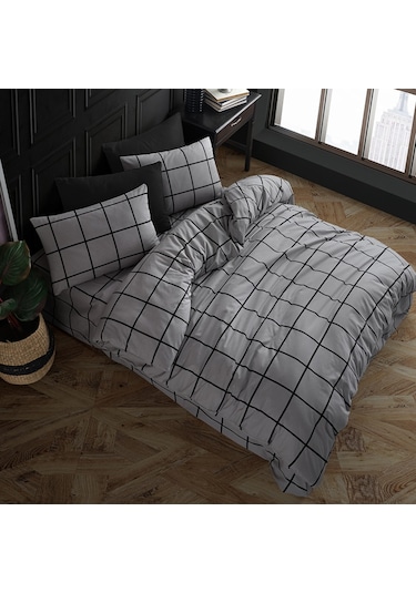 Coté Blanc Karo Gri %100 Pamuk Battal Boy Nevresim Takımı Gri