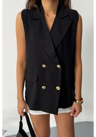 Modasize Gold Düğmeli Keten Yelek - Siyah Siyah