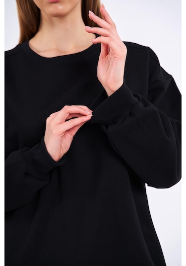 Comeor Siyah Kadın Pamuklu Oversize Basic Bisiklet Yaka Sweatshirt Siyah