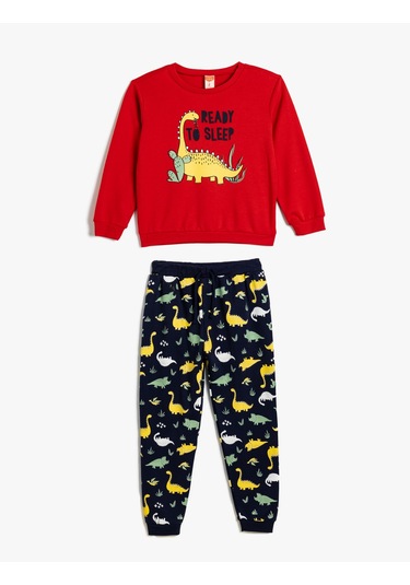 Koton Pamuklu Pijama Takımı Dinozor Baskılı Kırmızı 5wmb10024tk Kırmızı