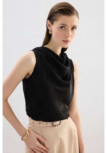 Sateen Degaje Yaka Bluz - Siyah-136752 Siyah