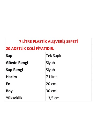 7 Litre Plastik Kozmetik Alışveriş El Sepeti Siyah 20 Adet / En:20 Boy:30 Yükseklik:13,5 Cm Siyah