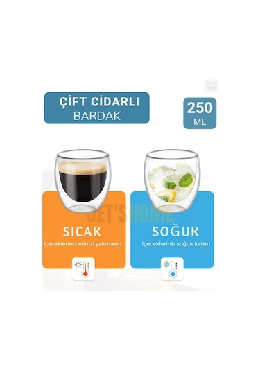 2 Li Set Kahve Bardağı 250 Ml Çay Bardağı Çift Cidarlı Bardak Cam Magnolya Bardağı Şeffaf
