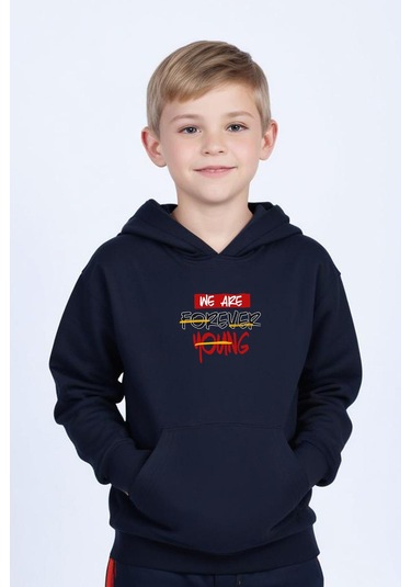 Kapüşonlu Kanguru Cepli Foreever Baskı Detaylı Erkek Çocuk Sweatshirt Lacivert