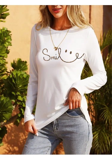 Nnstartshopping Kadın Uzun Kollu Bisiklet Yaka Gülümseyen Surat Desenli Viskon Bluz BEYAZ Beyaz