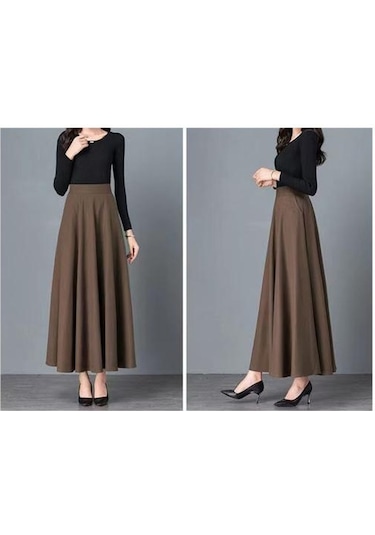 Kadın Maxi Etek Elastik Yüksek Bel Büyük Etek A Kesim Uzun Etek Cepli Düz Renk Ofis Siyah