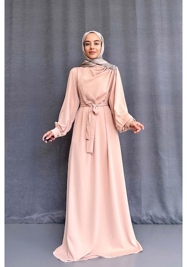 Omzu Taşlı Abiye - Bej