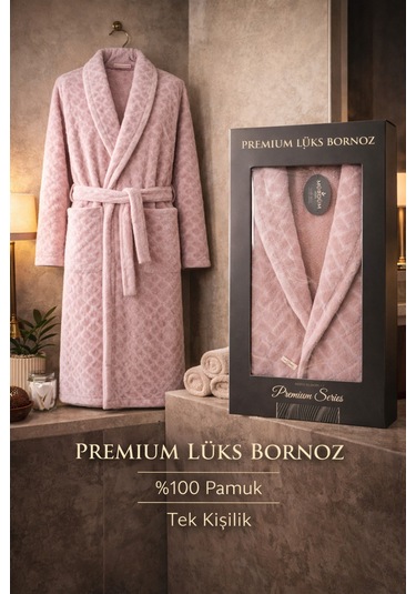 %100 Pamuktan Üretim Premium Lüks Bornoz Özel Çantalı Pembe