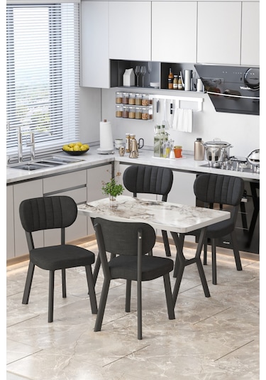Parla 70x110cm Efes Mutfak Masası, Mutfak Masası Takımı, Yemek Masası, 4 Siyah Sandalye Siyah