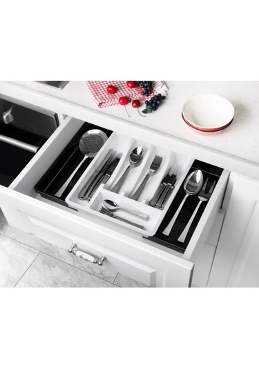 Bayev Çift Tarafa Açılabilen 5+2 Bölmeli Raylı Çatal-bıçak Organizeri - Beyaz