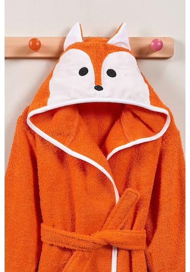 Formeya Kapşonlu Çocuk Bornoz %100 Pamuk Su Emici Tilki Figürlü Turuncu