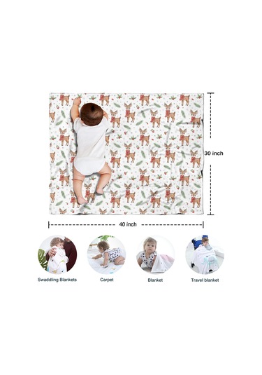 Noel Desenli Bebek Battaniyesi 40x30 İnç, Polar, Yumuşak, Hafif Ve Kalın Noel Geyik Kuzu Kızılcık