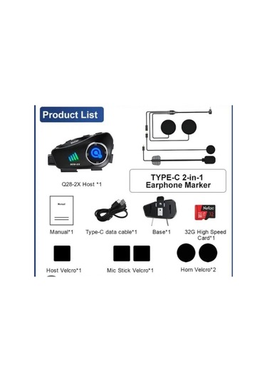 Q28-2x Motosiklet Kask Bluetooth İnterkom Su Geçirmez 1080p Hd Sürüş Kaydedici Kablosuz Kamera-1279