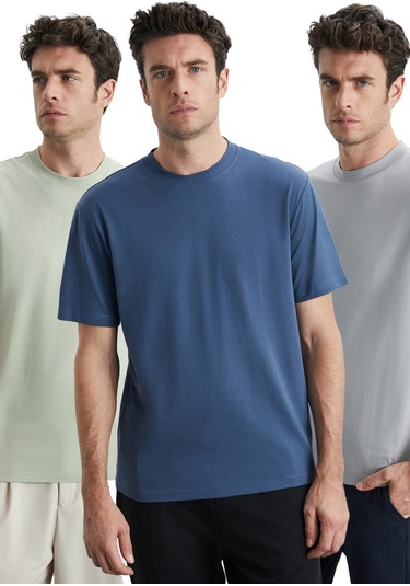 Cultıvated  Erkek 3'lü Kalın Dokulu Regular %100 Organik Pamuk Ind/ayeşil/agri T-shirt