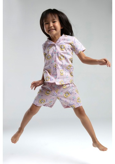 Toontoy Kız Çocuk Komple Baskılı Düğmeli Şortlu Pijama Takım Pembe