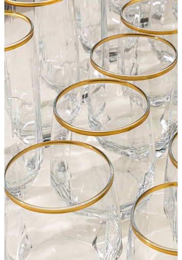 Mest Gold Yaldızlı 18 Parça Cam Su Bardağı Seti Bardak Takımı 215, 310, 385 Cc Gold