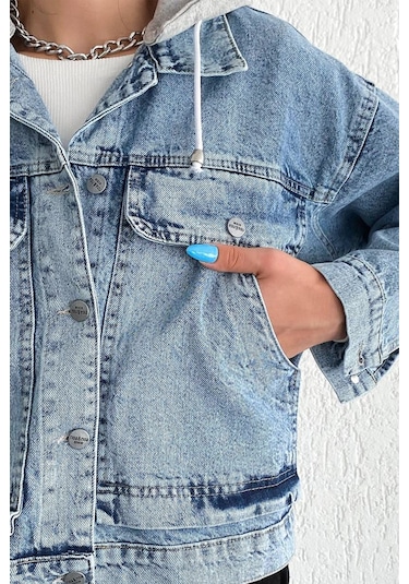Kadın Çıkarılabilir Kapüşonlu Cepli Denim Ceket Astarsız & Çok Amaçlı Kullanım Mavi