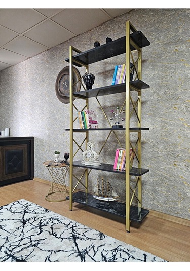 Çıkıntılı Gold Boyalı Kitaplık - 5 Raflı Suntalem Lüks Kitaplık S Çok Renkli