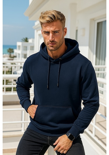 Rich Erkek Lacivert Pamuklu Cep Detaylı Kapüşonlu Sweatshirt Lacivert