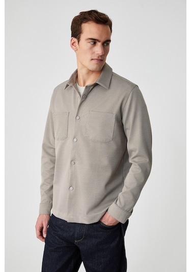 Jakarı Erkek Regular Fit Standart Kesim Klasik Yaka Desenli Çıtçıtlı Vizon Gömlek