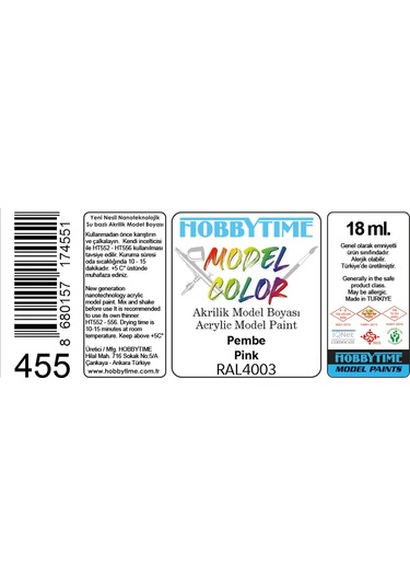 Hobbytime 455 18 Ml. Ral4003 Pembe Pink Akrilik Model Boyası