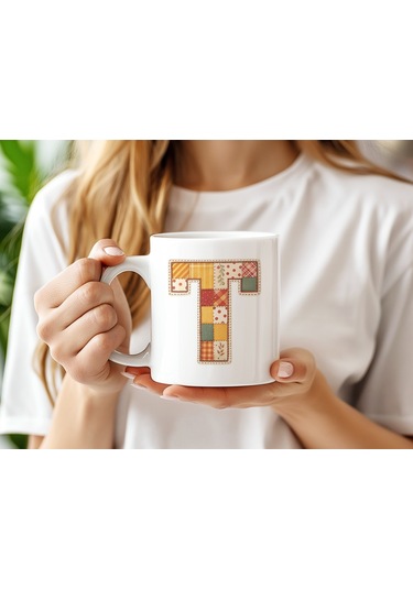 T Harfi Sonbahar Kış Temalı Yamalı Tasarım Kupa Bardak - Etnik Ve Pathwork Severlere Özel Hediye Beyaz