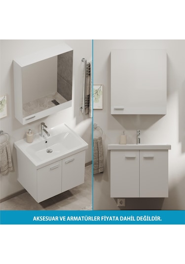 Aqua Bagno Basic Alt Dolap + Üst Dolap - Lavabo 65 Cm Beyaz S.50.02.33.04.01 Beyaz