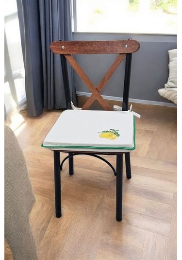 El Yapımı Buldan Yıkanmıs Keten Limon Nakıslı Biyeli Sandalye Minderi Naturel