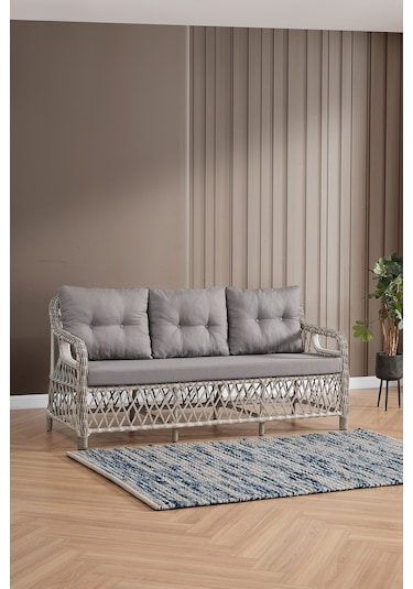 Edra Rattan Puflu Bahçe Balkon Takımı 3+1+1+camı Masa Kemik Rengi Kemik