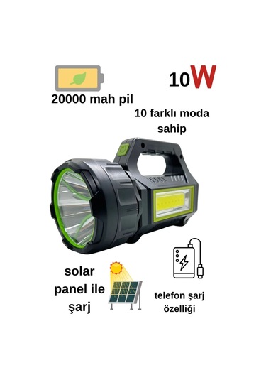 Ps-t95 10w Uzun Menzilli Solar Panelli Powerbank Usb Çıkış S.o.s Lu Ultra Güçlü Ledli Şarjlı Fener