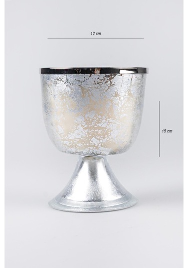 Gümüş Varak Eskitme Ayaklı Cam Mumluk Kokusuz Mum Yazı Kapaklı Orta 12x15 Cm