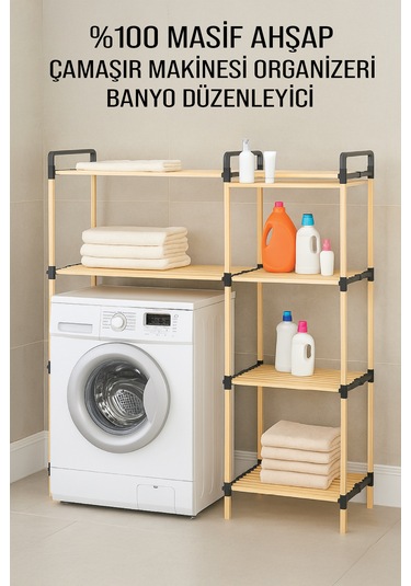 Nc02 Ahşap Çamaşır Makinesi Organizer Banyo Düzenleyici Raf Masif Çam Ahşap Açık Ahşap