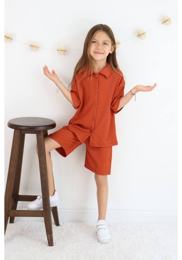 Gömlek Oversize Kız Şort Takım Kremit