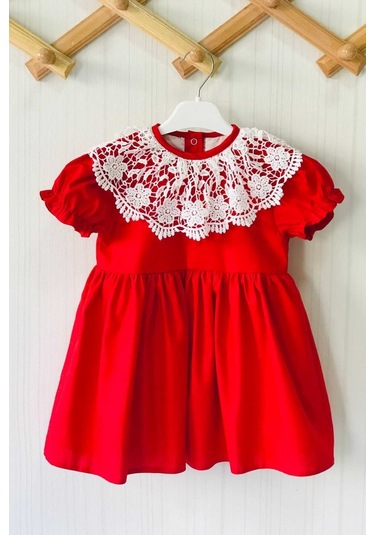 Dantel Yaka Poplin Kırmızı Kız Çocuk Bebek Elbise 001