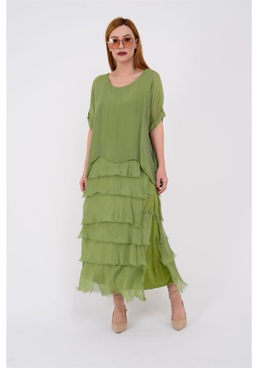 İtalyan 2 Beden İnce Gösteren Yarım Kol Kat Kat Ipek Elbise Fıstık Yeşili