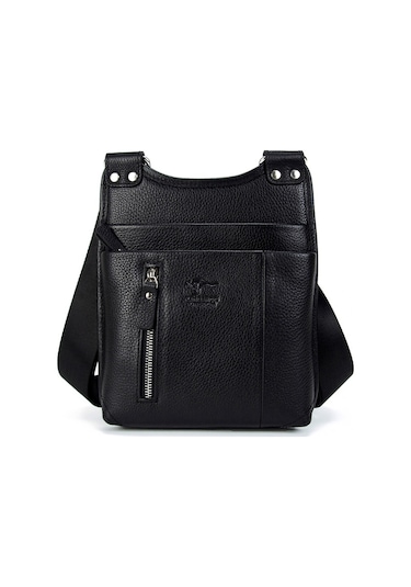 Erkek Siyah Hakiki Deri Postacı Askılı Omuz Çanta Kangaroo 8701S