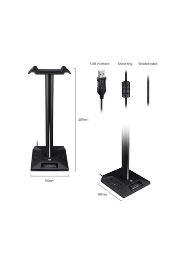 Fastbuy Rgb Işık Kulaklık Tutucu, Usb Genişletme, 3.5mm Jack, Siyah Abs-alüminyum, Ayrılabilir Tasarım