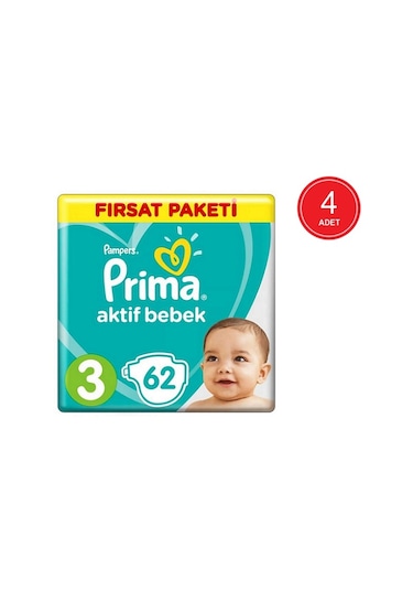 Prima Pampers Aktif Bebek Fırsat Paketi Midi Bebek Bezi 6-10 KG 3 Beden 4 x 62 Adet 4'lü