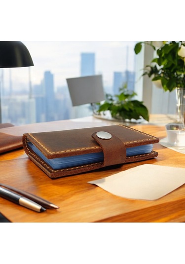 Cronder Hakiki Deri Şeffaf Bölmeli Kartlık Cüzdan Kahverengi